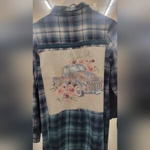 Recycled Floral Truck Plaid Flannel Shirt Size Med